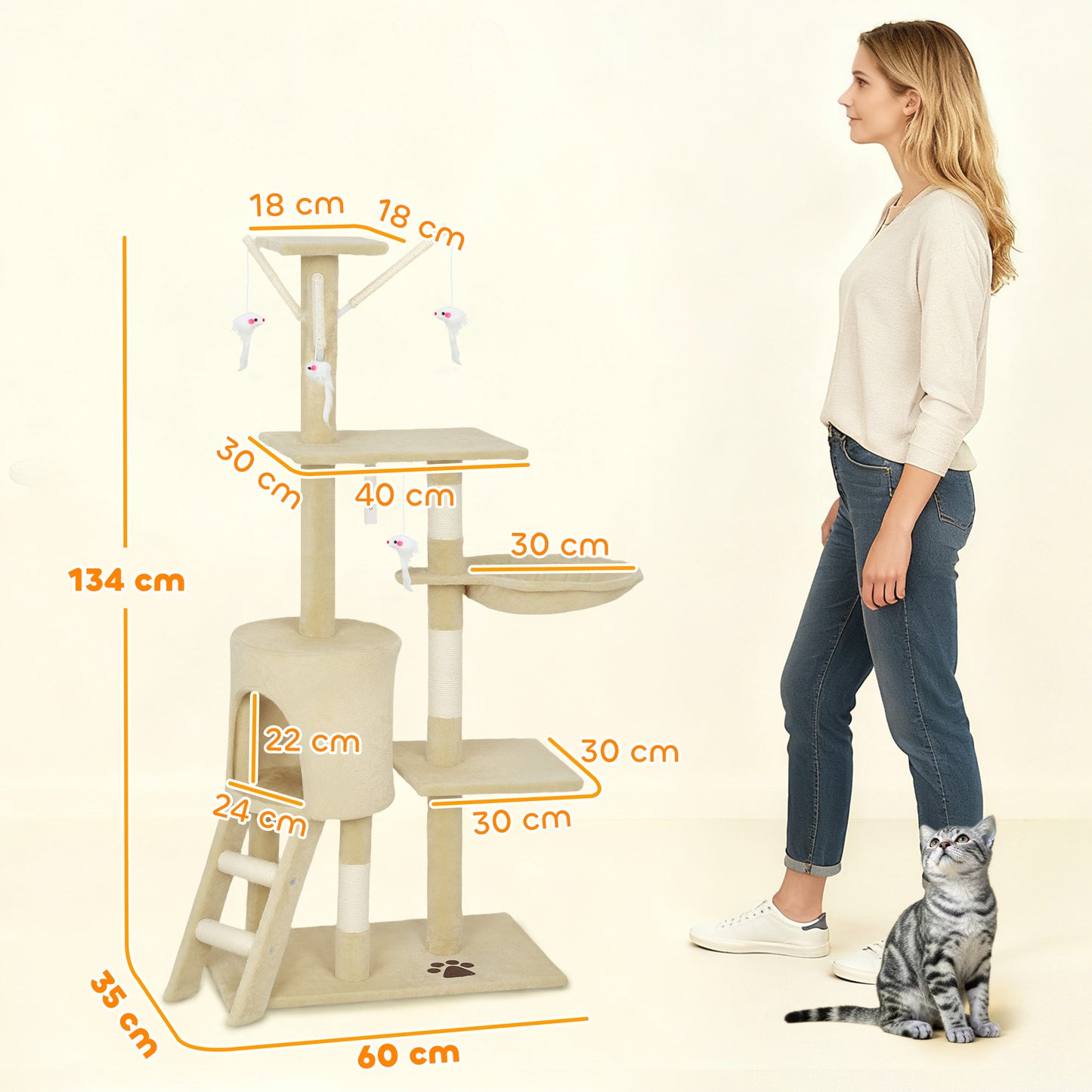 PawHut Multi-Level Cat Tree with Scratching Post, Ladder, Cat House, Beige