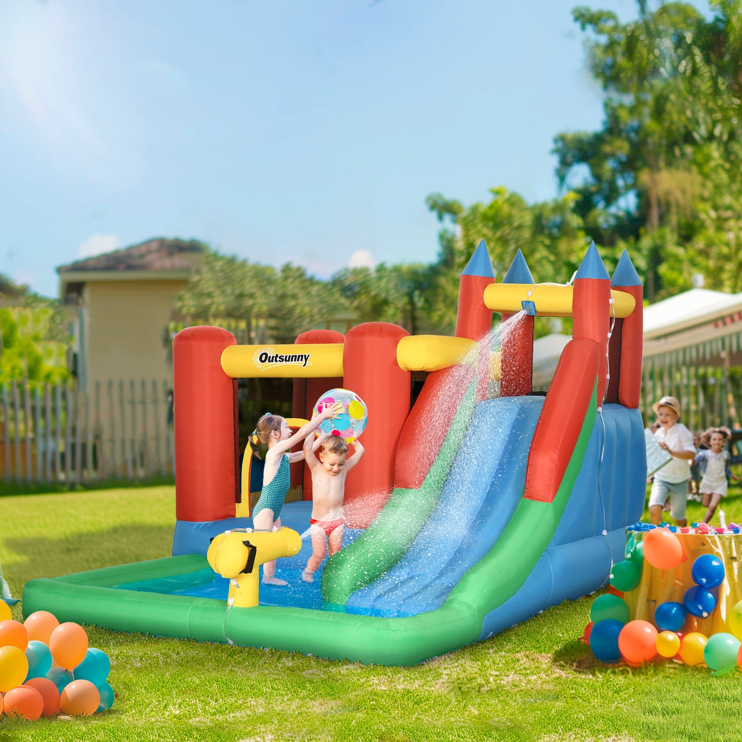 Outsunny Kids Inflatable Bouncy Castle Water Slide 5 in 1 Bounce House Jumping Castle Water Pool Gun Climbing Wall with Air Blower for Summer Playland