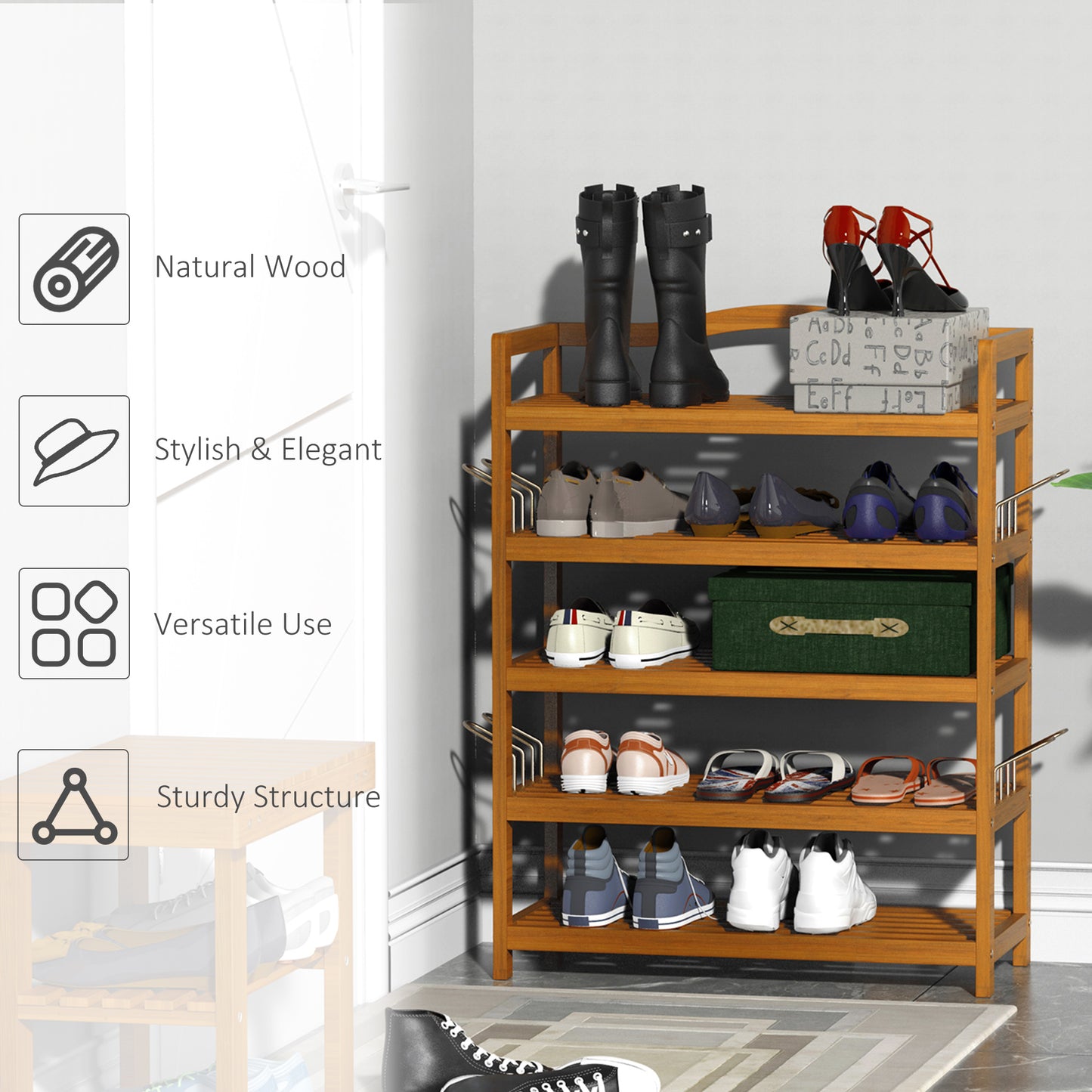 HOMCOM 5-Tier Shoe Rack, Acacia Wooden Shoe Storage Organiser with Hangers, Holds up to 19 Pairs, for Entryway, Living Room, 64 x 26 x 82 cm, Teak