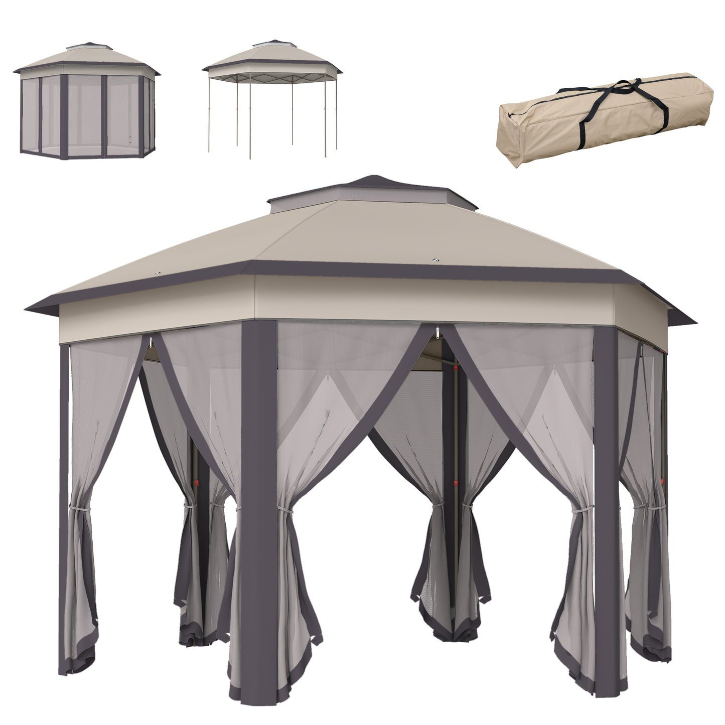 Photo of Outsunny 3 x 4m Garden Gazebo Hexagon Pop Up Gazebo Party Tent Canopy Double Roof Instant Shelter with Netting and Carry Bag for Outdoor Patio, Beige in Beige colour on a white background