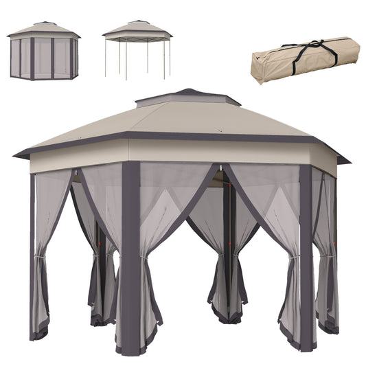 Photo of Outsunny 3 x 4m Garden Gazebo Hexagon Pop Up Gazebo Party Tent Canopy Double Roof Instant Shelter with Netting and Carry Bag for Outdoor Patio, Beige in Beige colour on a white background