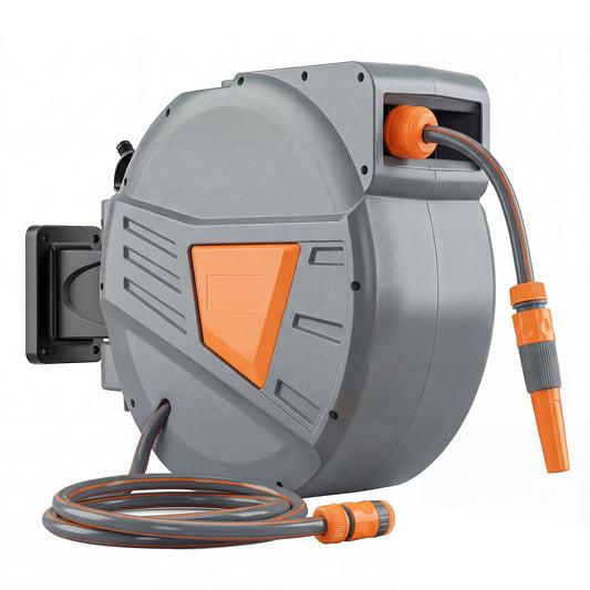 Photo of Outsunny Retractable Hose Reel Wall Mounted, 30+2m Garden Hose Pipe Reel with Auto Retraction, Self-Locking, Orange in Orange colour on a white background