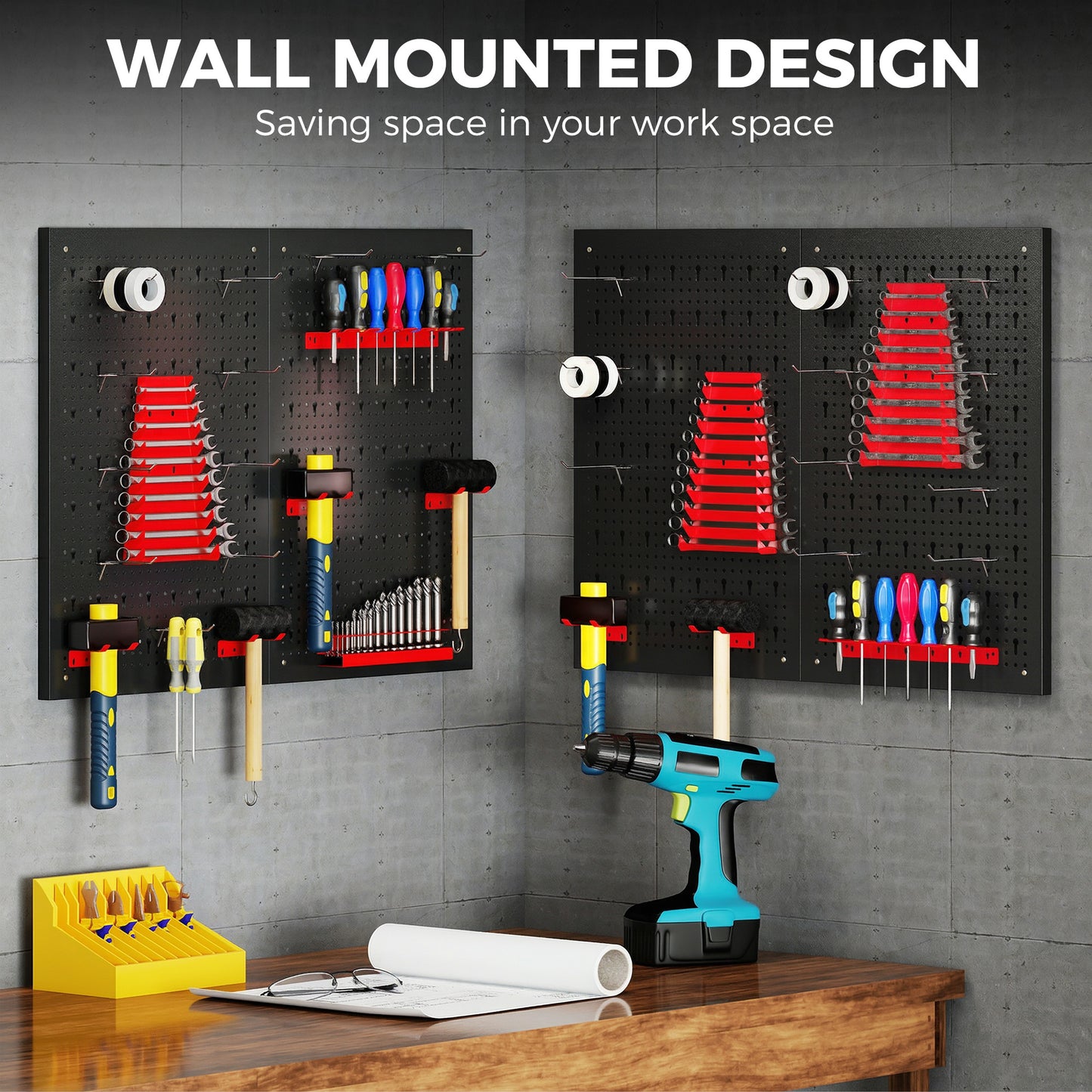 HOMCOM 38 Pcs Wall-Mounted Pegboard with 4 Boards, Garage Tool Storage Unit Black and Red