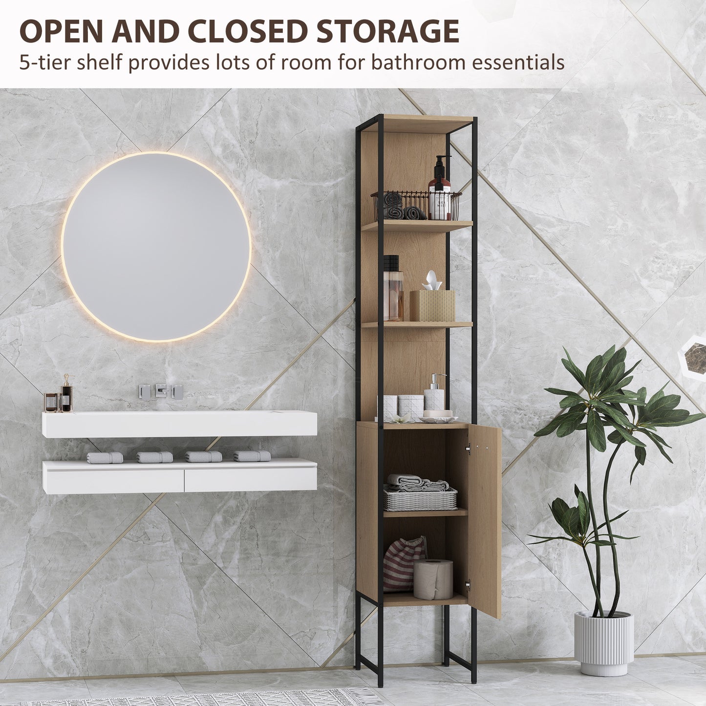 HOMCOM Tall Bathroom Cabinet with Open Shelves and Adjustable Shelf - Natural Wood Finish