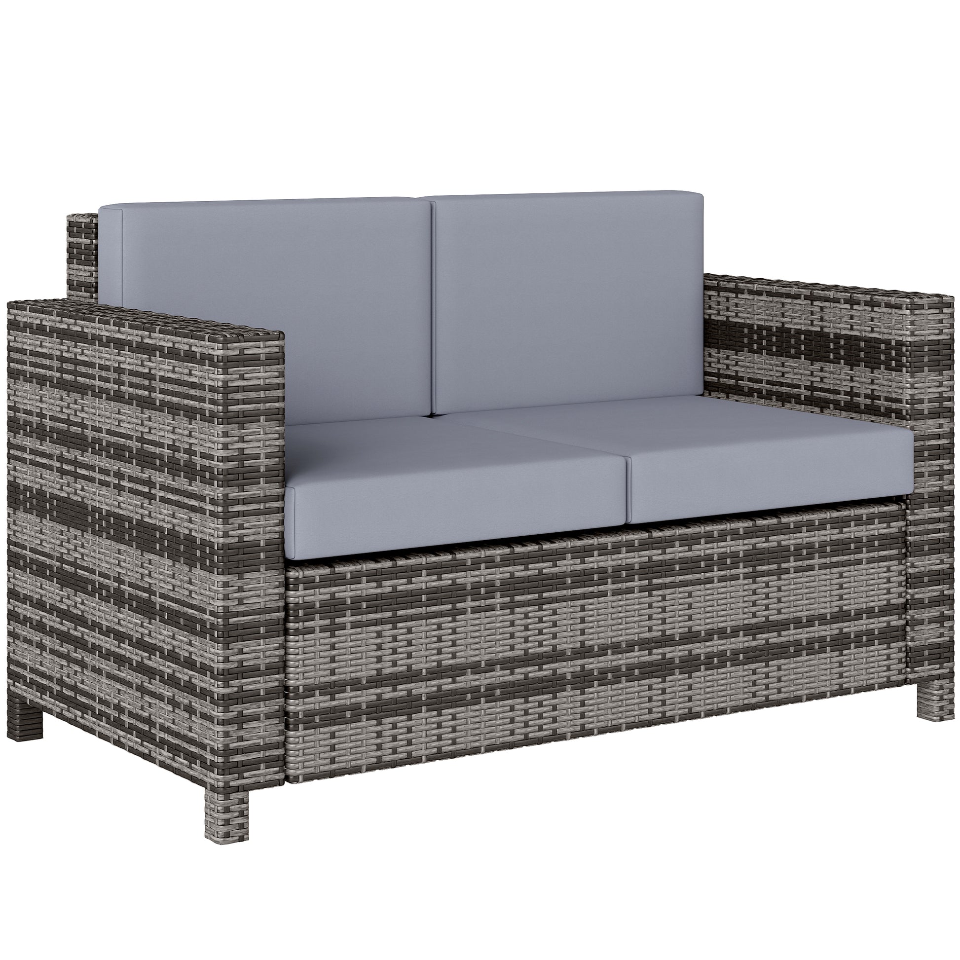 Photo of Outsunny Rattan Sofa, 2 Seater Garden Furniture with Soft Padded Cushion and Armrests, Wicker Garden Loveseat for Patio, Mixed Grey in Grey colour on a white background