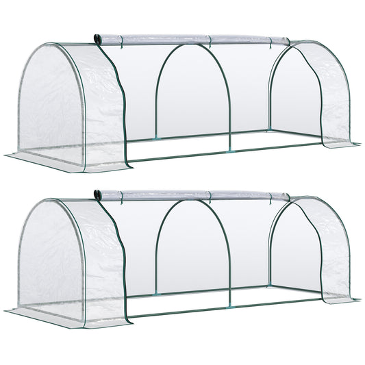 Photo of Outsunny Set of 2 Tunnel Greenhouse, Green Grow House with Roll-up Door, Steel Frame, Plastic Cover for Garden, Outdoor, 250 x 100 x 80cm, Clear in Clear colour on a white background