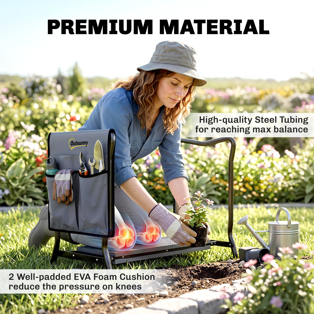 Outsunny garden kneeler with padded knee cushion, steel frame and tool bag