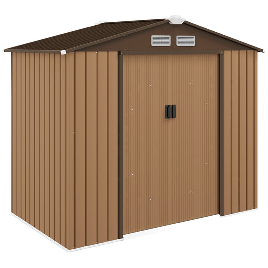 Photo of Outsunny 7 x 4ft Lockable Metal Garden Tool Storage Shed, Outdoor Storage Shed with Foundation and vents, Light Brown in Brown colour on a white background