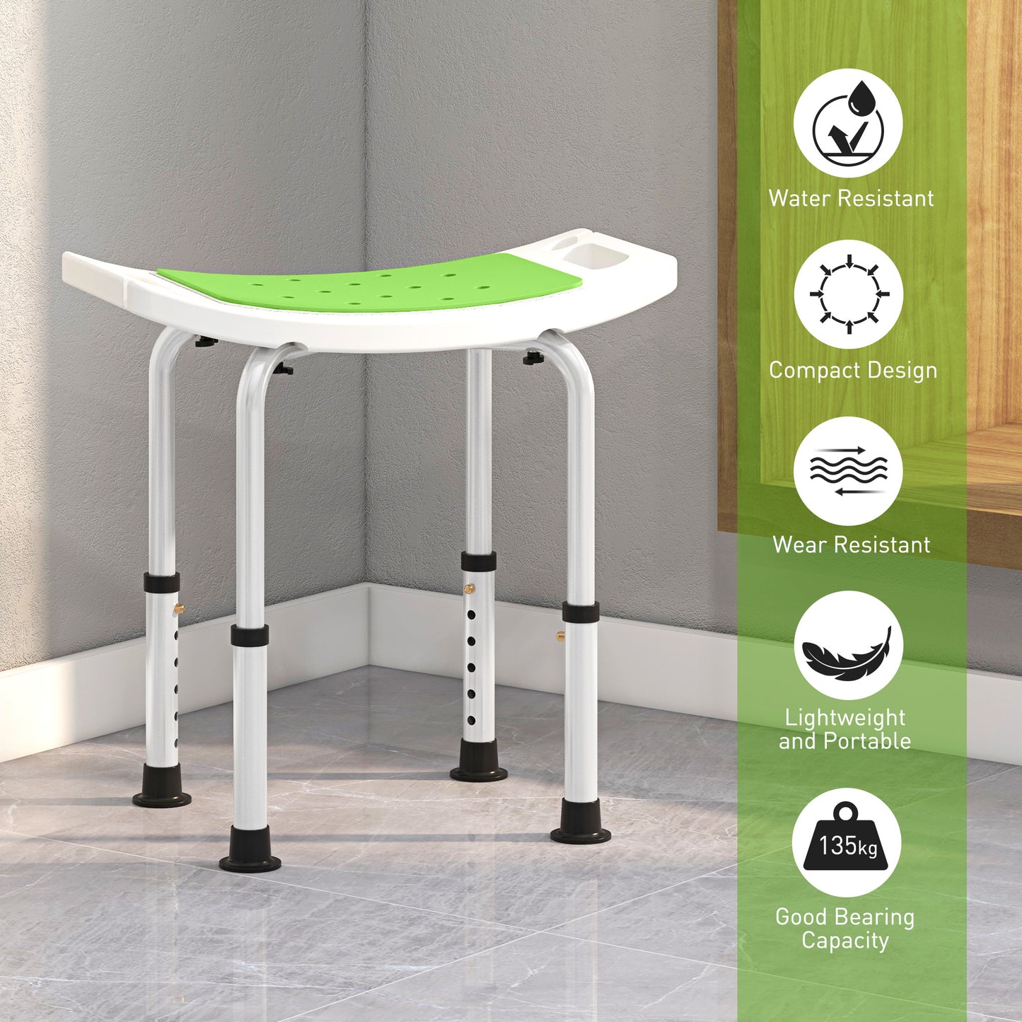 HOMCOM Shower Chair, Adjustable Height Shower Stool with Aluminium Frame and Non-Slip Feet, Bathtub Stool Seat with Padded Seat for Elderly Disabled Handicap, Green