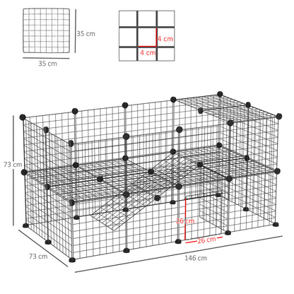 Black wire pet playpen with dimensions and 35 cm square mesh panels
