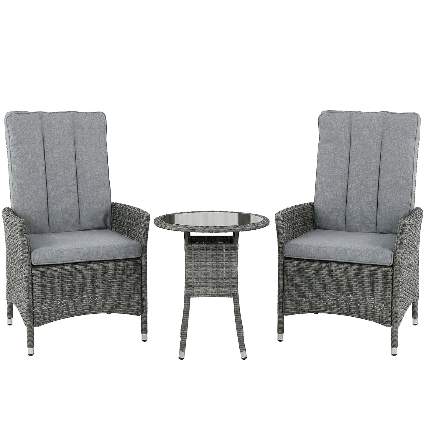 Photo of Outsunny Rattan Bistro Set, Reclining Garden Chairs and Glass Coffee Table with Cushions for Patio Balcony Porch, Grey in Grey colour on a white background