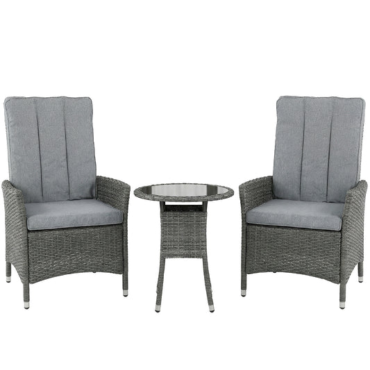 Photo of Outsunny Rattan Bistro Set, Reclining Garden Chairs and Glass Coffee Table with Cushions for Patio Balcony Porch, Grey in Grey colour on a white background
