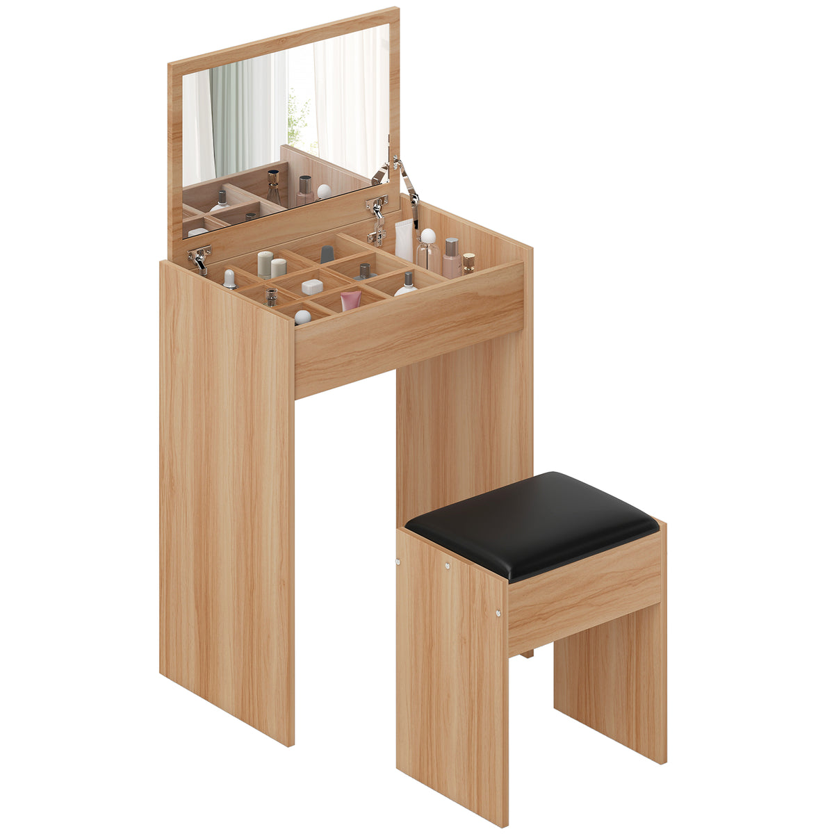 Angled view of wood vanity set with open mirror, divided storage, and black padded stool