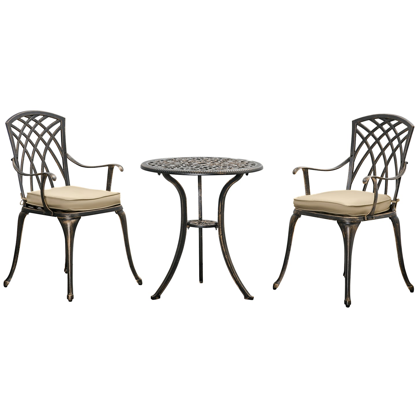 Photo of Outsunny 3pc Cast Aluminium Garden Bistro Set for 2 with Parasol Hole, Outdoor Coffee Table Set Rust Resistant with Cushions, Bronze in Bronze colour on a white background