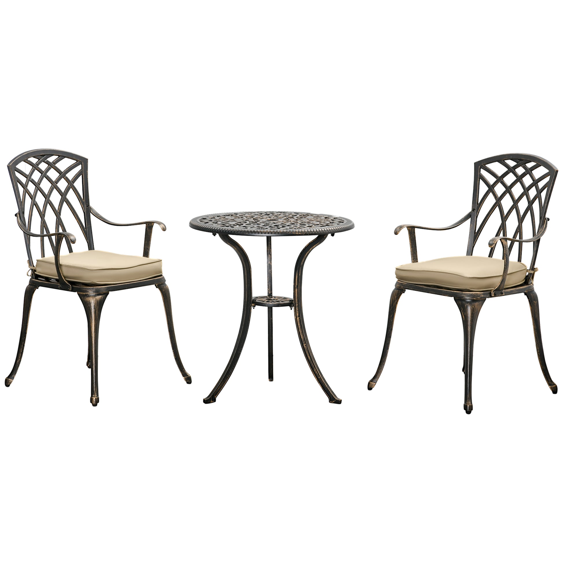Photo of Outsunny 3pc Cast Aluminium Garden Bistro Set for 2 with Parasol Hole, Outdoor Coffee Table Set Rust Resistant with Cushions, Bronze in Bronze colour on a white background