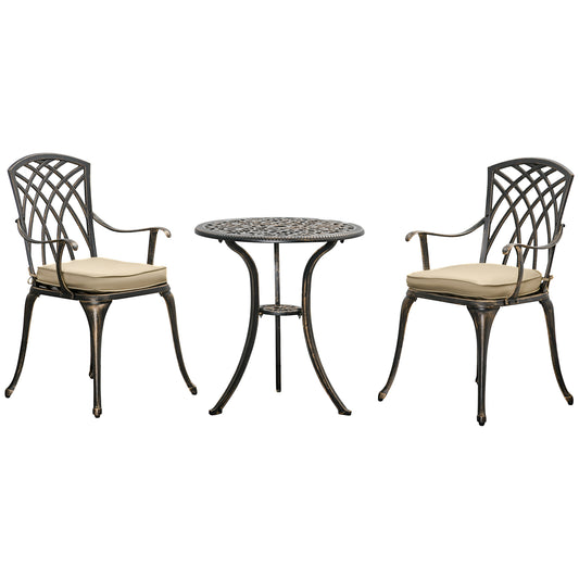 Photo of Outsunny 3pc Cast Aluminium Garden Bistro Set for 2 with Parasol Hole, Outdoor Coffee Table Set Rust Resistant with Cushions, Bronze in Bronze colour on a white background