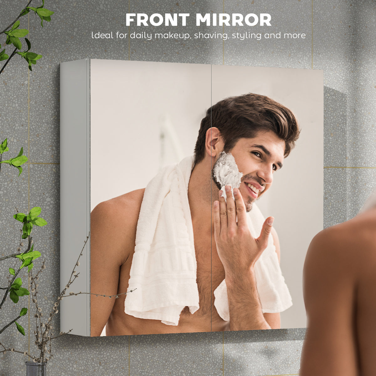 HOMCOM white double-door bathroom mirror cabinet with mirrored fronts