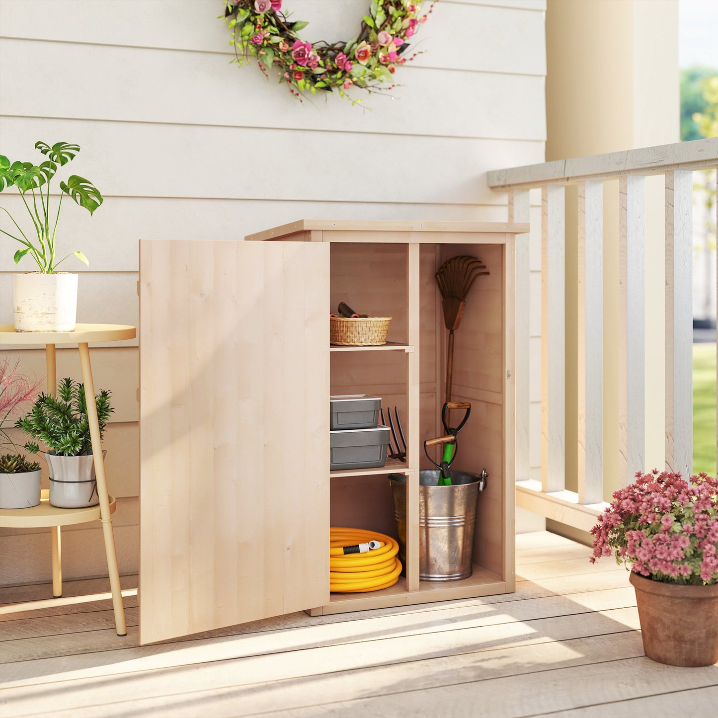 Outsunny Wooden Small Shed, Garden Storage Shed with Shelves and Bolt Latch, 75L x 56W x115H cm, Natural