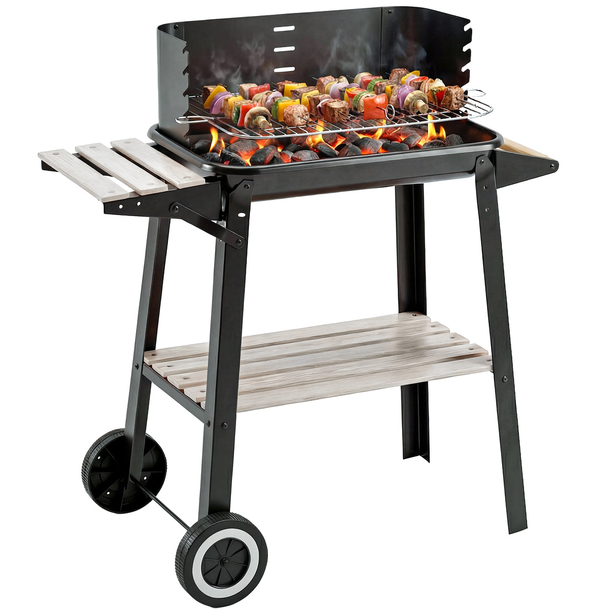Outsunny charcoal barbecue grill cooking skewers, with side trays and wheeled frame