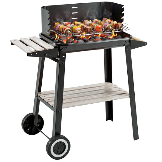 Photo of Outsunny Trolley Charcoal BBQ Barbecue Grill Outdoor Patio Garden Heating Smoker with Side Trays Storage Shelf and Wheels in Wheels colour on a white background