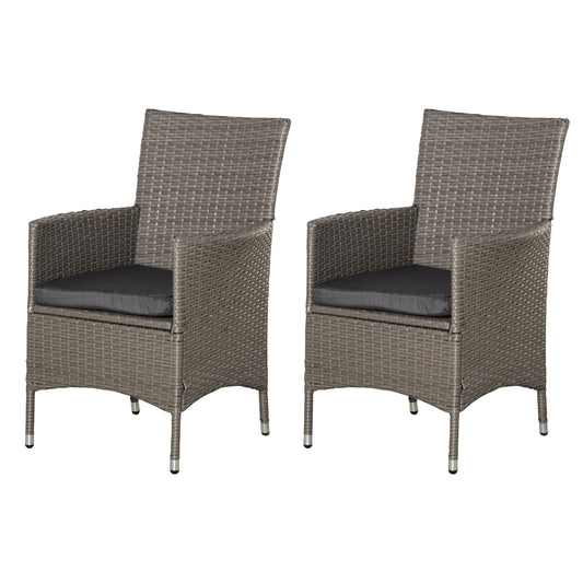Photo of Outsunny 2 Pieces Outdoor PE Rattan Dining Chairs Set with Cushion, Garden Armchair with Armrests, High Backrest, Metal Frame Patio Wicker Furniture, Grey in Grey colour on a white background