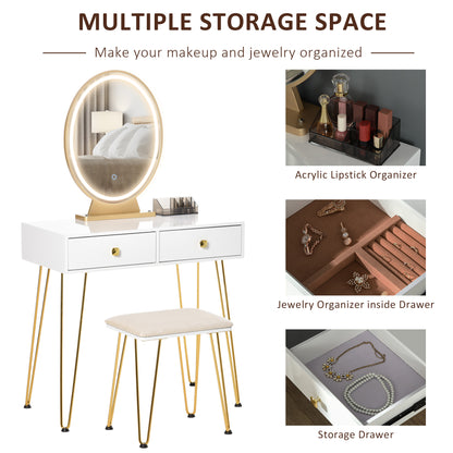 White vanity with two storage drawers, acrylic lipstick organizer, and cushioned stool