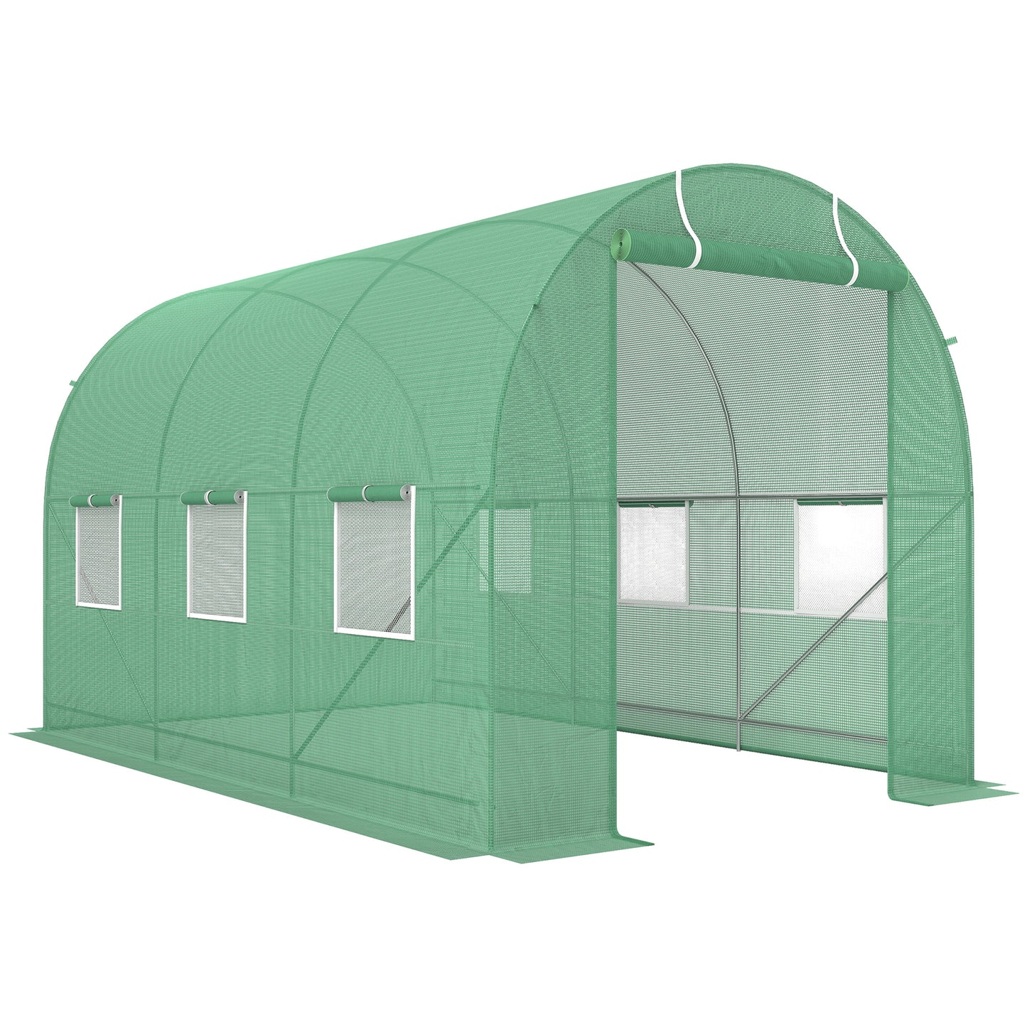 Photo of Outsunny 3.5 x 2m Walk-In Polytunnel Greenhouse, with Steel Frame, PE Cover, Roll-Up Door and 6 Windows, Green in Green colour on a white background