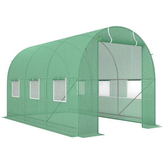Photo of Outsunny 3.5 x 2m Walk-In Polytunnel Greenhouse, with Steel Frame, PE Cover, Roll-Up Door and 6 Windows, Green in Green colour on a white background