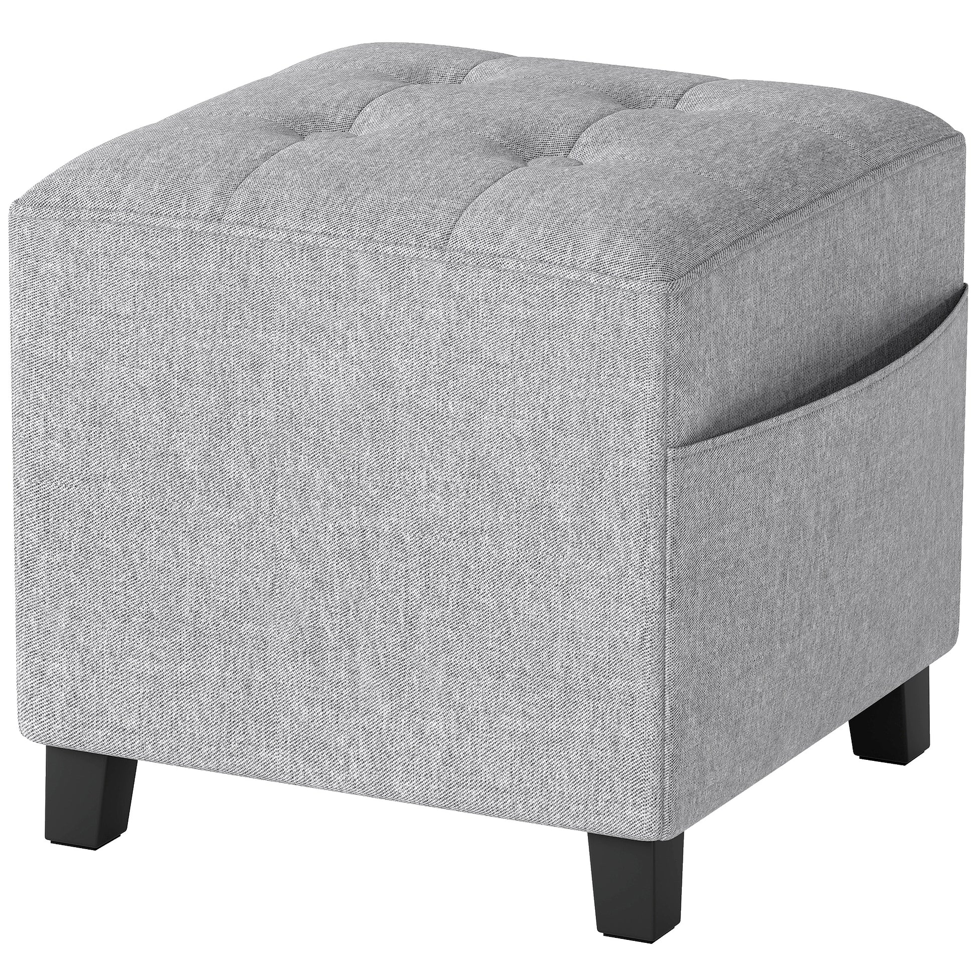 Photo of HOMCOM Square Footstool, Small Ottoman with Side Pocket, Linen Fabric Footrest Foot Stool with Rubber Wood Legs and Padded Seat for Living Room, Bedroom, Entryway, 35 x 35 x 35cm, Light Grey in Grey colour on a white background