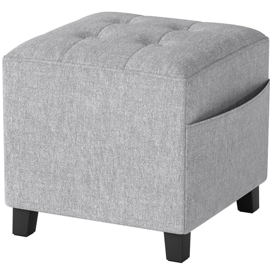 Photo of HOMCOM Square Footstool, Small Ottoman with Side Pocket, Linen Fabric Footrest Foot Stool with Rubber Wood Legs and Padded Seat for Living Room, Bedroom, Entryway, 35 x 35 x 35cm, Light Grey in Grey colour on a white background
