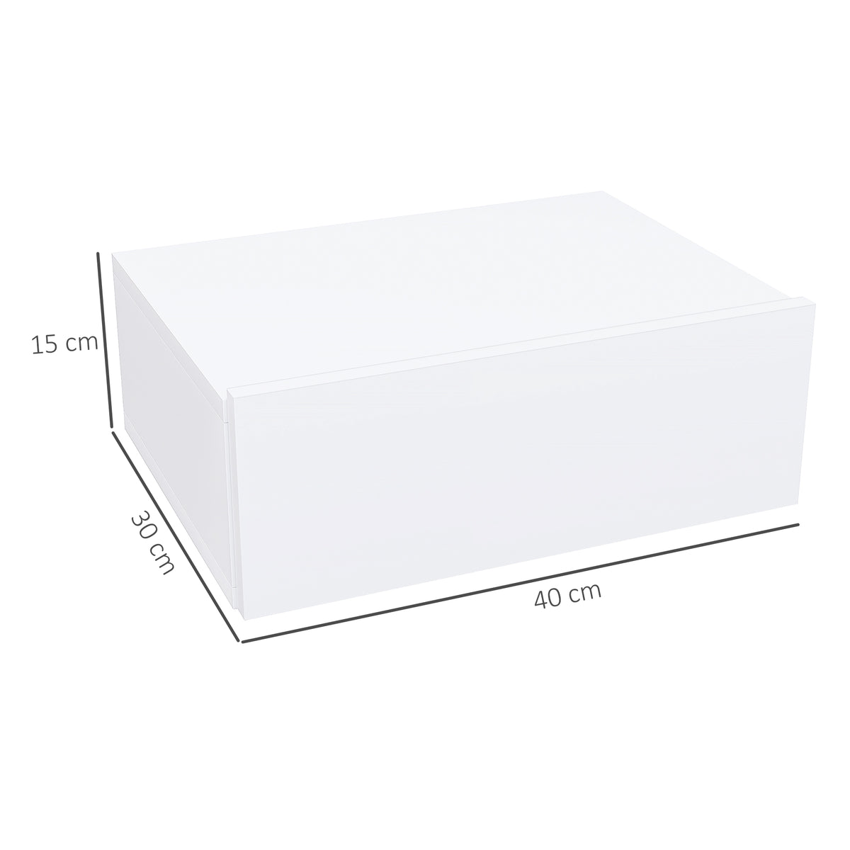 White wall-mounted nightstand, 40 cm wide, 30 cm deep and 15 cm high.