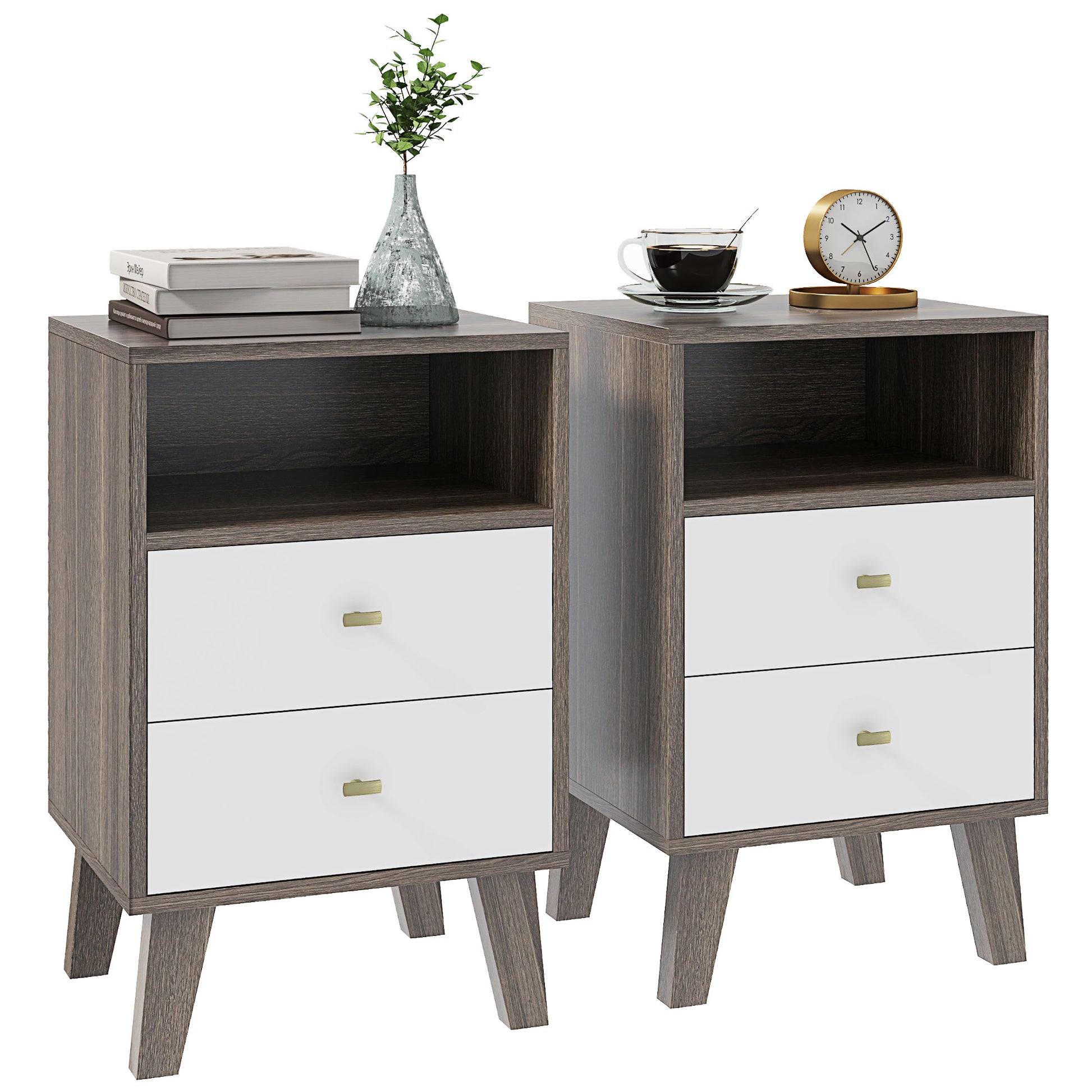 Photo of HOMCOM Industrial-Scandinavian Mix Bedside Table, with Drawers and Shelf in Shelf colour on a white background