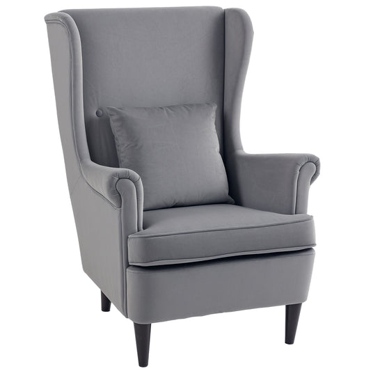 Photo of HOMCOM Modern Accent Chair with High Backrest and Pillow, Velvet-Feel Fabric Reading Chair with Solid Wood Legs, Grey in Grey colour on a white background