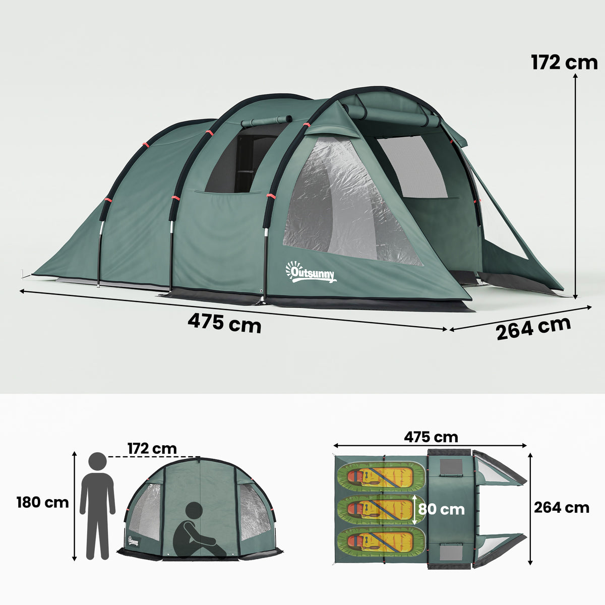 Outsunny green tunnel tent with two rooms, shown with dimensions and floor plan