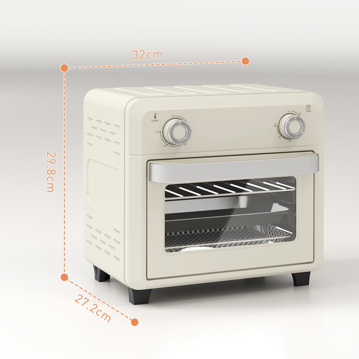 HOMCOM cream 10L air fryer oven with dimensions of 32 × 29.8 × 27.2 cm