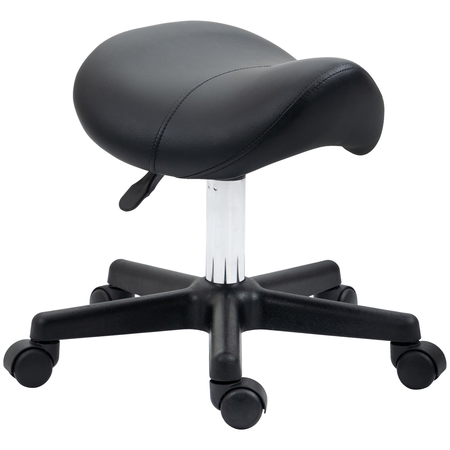 Photo of HOMCOM Saddle Stool, PU Leather Adjustable Rolling Salon Chair with Steel Frame for Massage, Spa, Beauty and Tattoo, Black in Black colour on a white background