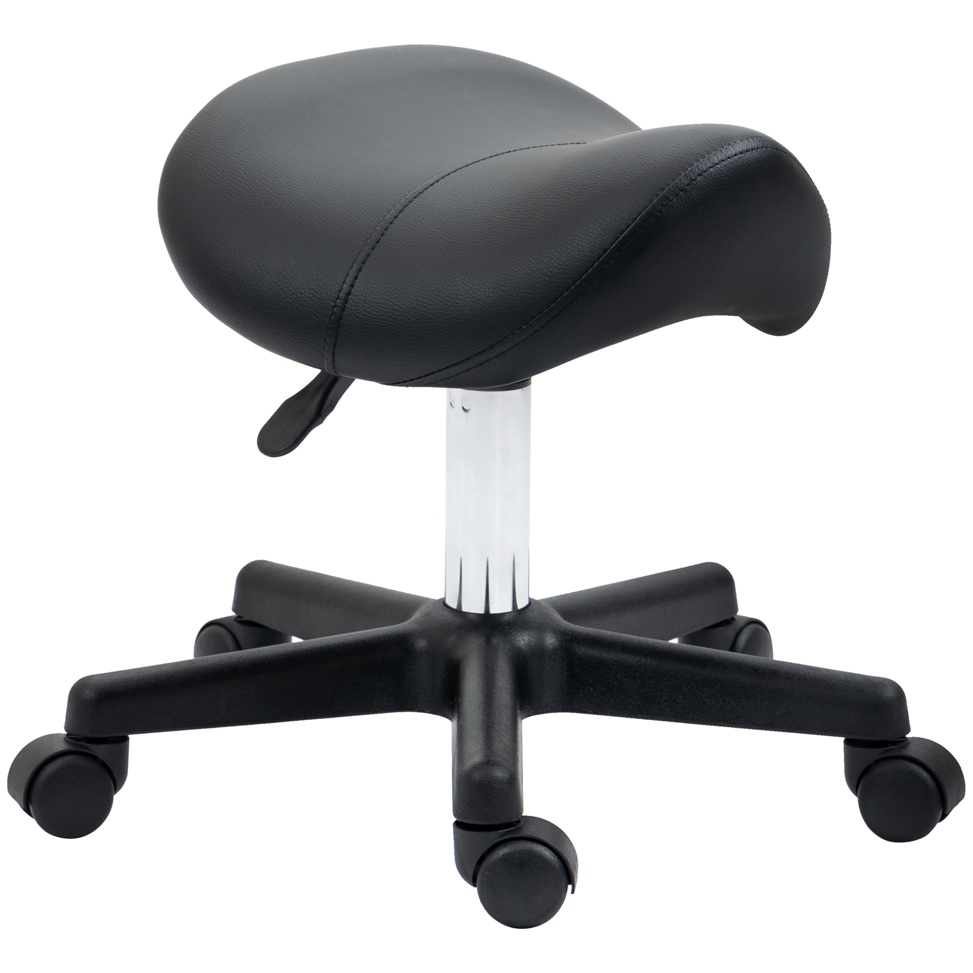 Photo of HOMCOM Saddle Stool, PU Leather Adjustable Rolling Salon Chair with Steel Frame for Massage, Spa, Beauty and Tattoo, Black in Black colour on a white background