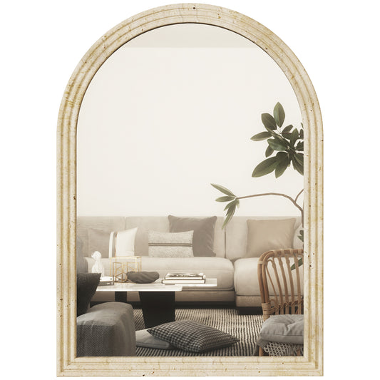 Photo of HOMCOM Arched Wall Mirror with Grooved Edge & Hooks, Wall-Mounted Mirror, Modern Tempered Glass & Polystyrene Beige in Beige colour on a white background
