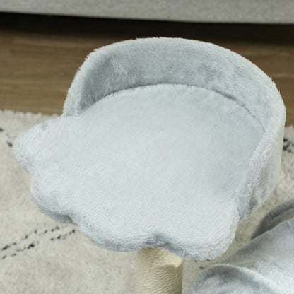 Close-up of the grey cat tree's plush raised bed and curved backrest
