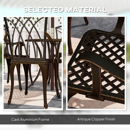 Outsunny cast aluminum armchair and table details with antique copper finish and latticework