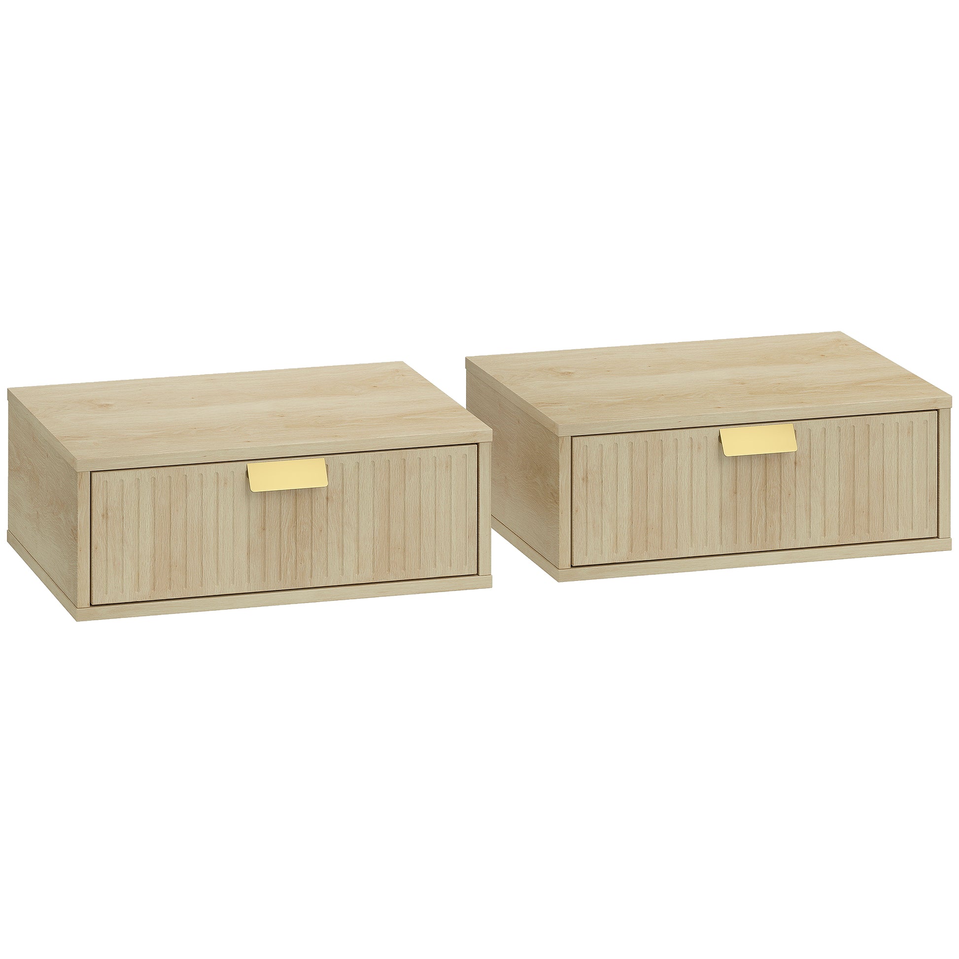 Photo of HOMCOM Modern Floating Nightstands Set of 2, Wall Mounted Bedside Tables with Wave Drawer Oak in Oak colour on a white background