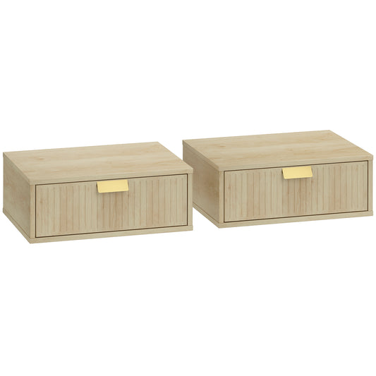 Photo of HOMCOM Modern Floating Nightstands Set of 2, Wall Mounted Bedside Tables with Wave Drawer Oak in Oak colour on a white background