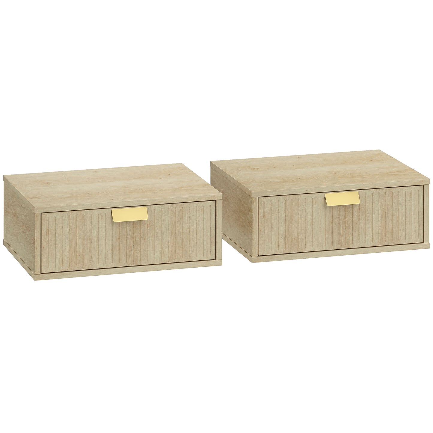 Photo of HOMCOM Modern Floating Nightstands Set of 2, Wall Mounted Bedside Tables with Wave Drawer Oak in Oak colour on a white background