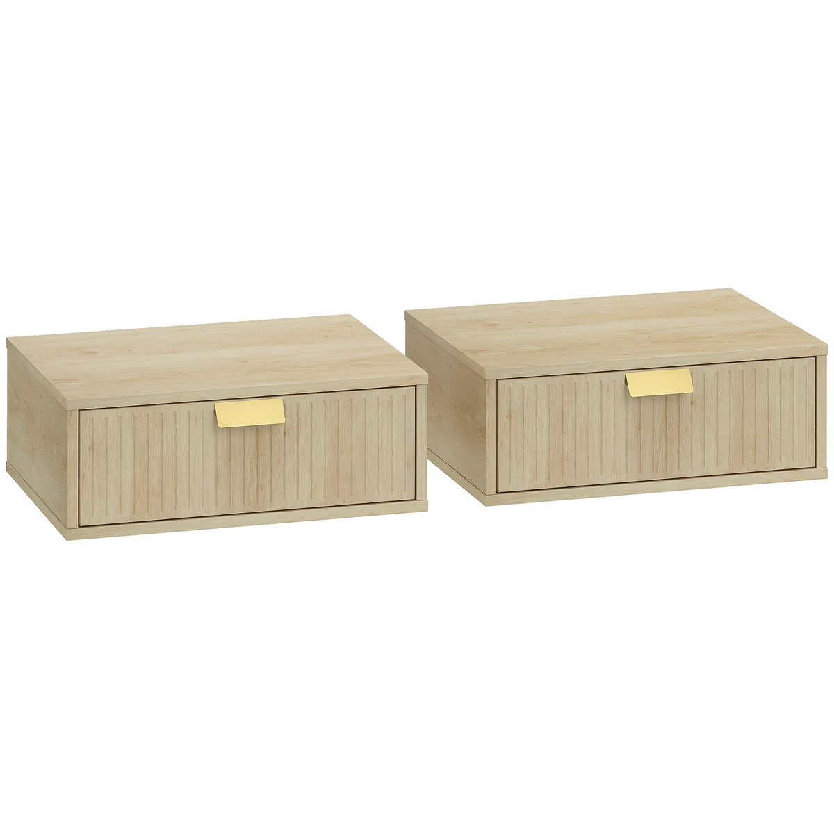 Photo of HOMCOM Modern Floating Nightstands Set of 2, Wall Mounted Bedside Tables with Wave Drawer Oak in Oak colour on a white background