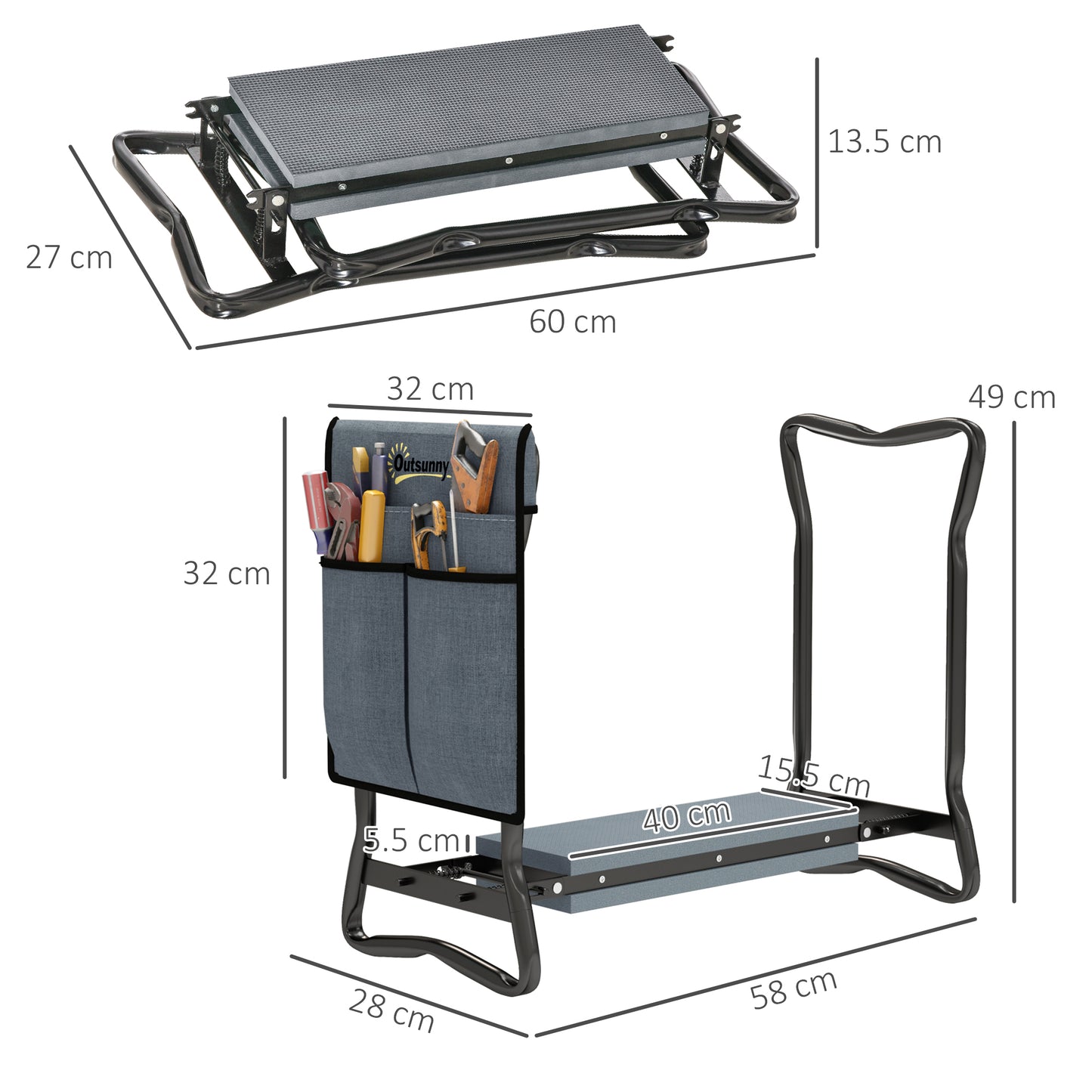 Outsunny Steel Frame Padded Garden Kneeler, with Tool Bag - Grey