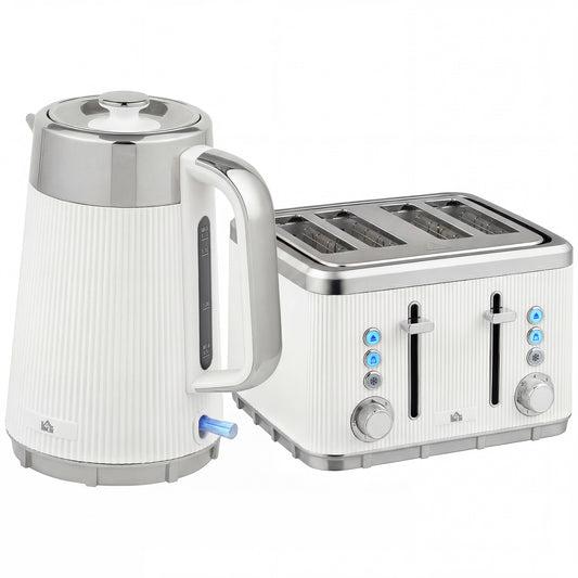 Photo of HOMCOM Electric Stainless Steel Kettle and Toaster Set, 3000W 1.7L UK Strix Thermostat Fast Boil Kettle w/ Limescale Filter, Cool Touch Body, 4 Slice Toaster with 7 Browning Levels, White in White colour on a white background