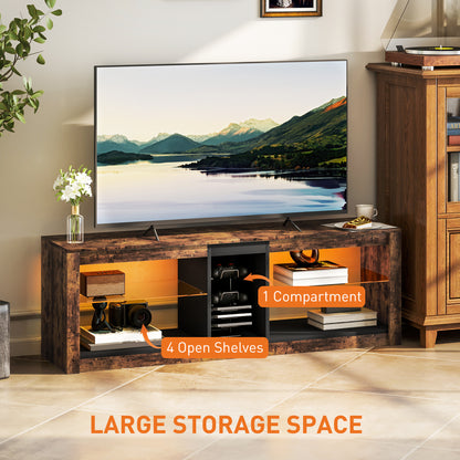 Rustic brown TV stand with four open shelves and a center storage compartment
