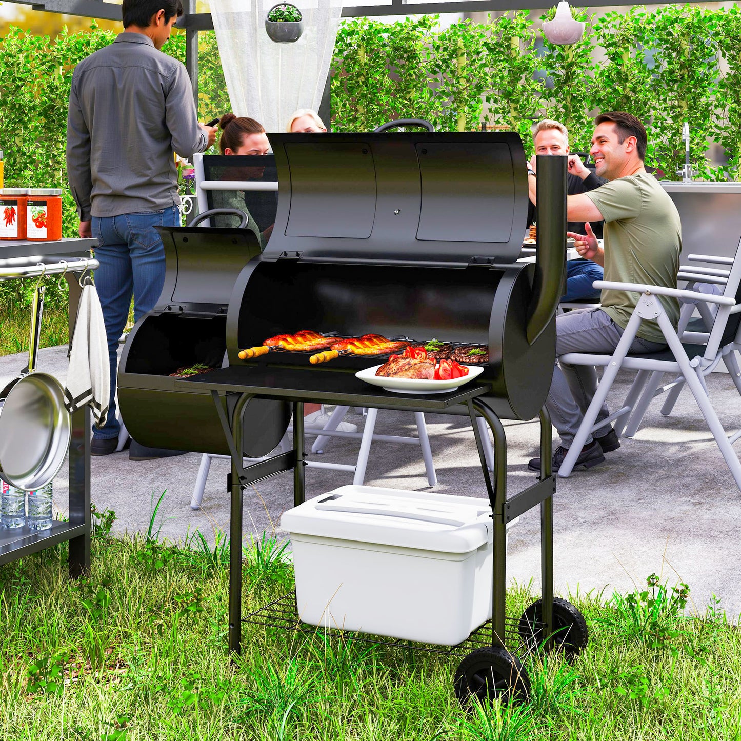 Outsunny Barbecue Grill Portable Outdoor Charcoal BBQ Grill with Offset Smoker 109 x 60 x 120 cm Black