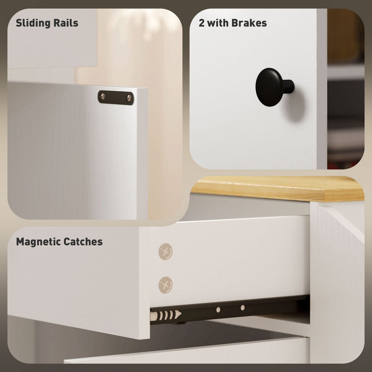 Kitchen cart details showing drawer rails, magnetic catches and black cabinet knobs