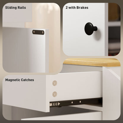 Kitchen cart details showing drawer rails, magnetic catches and black cabinet knobs
